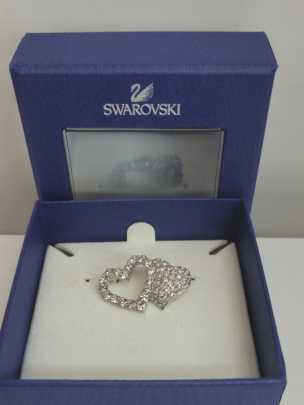 Swarovski Clear Crystal Double Heart Pin in Silver Tone